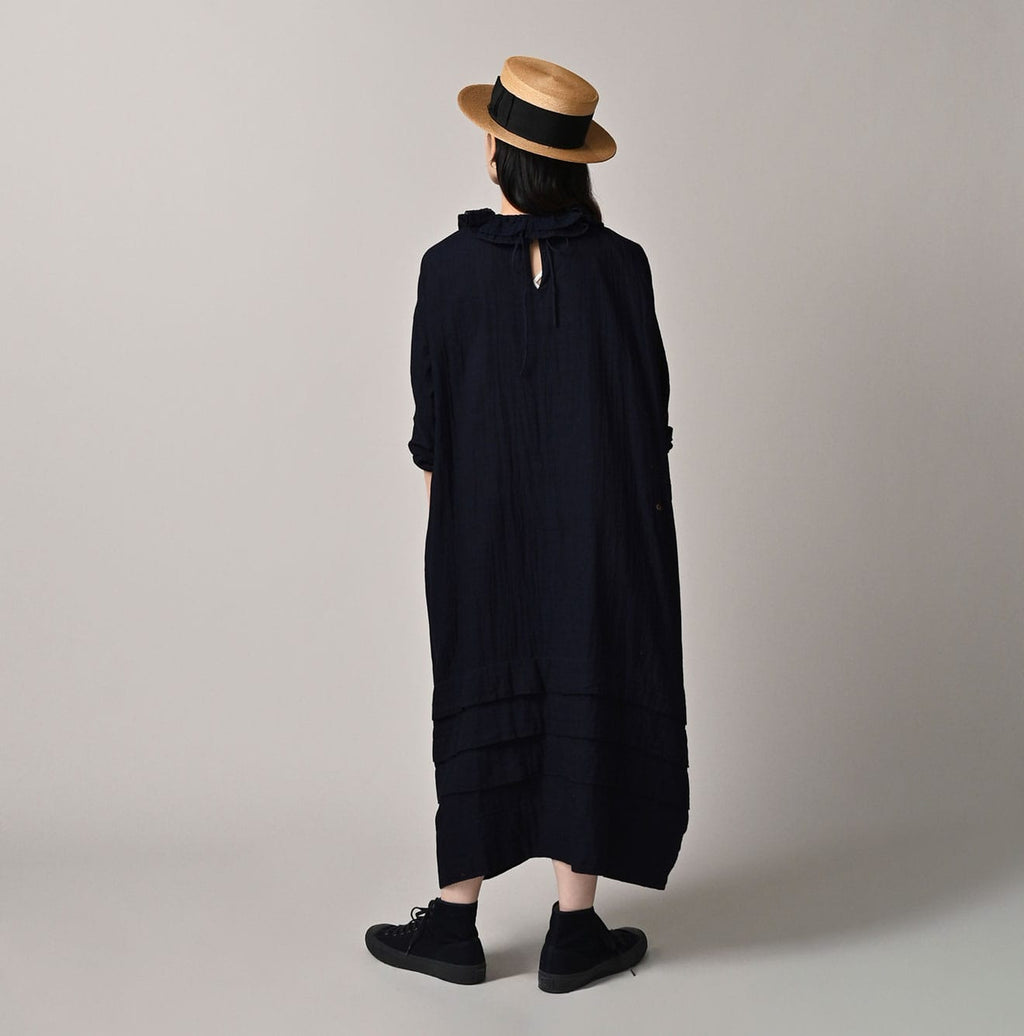 Indigo Gauze Double Woven Frill Collar Dress Female Model