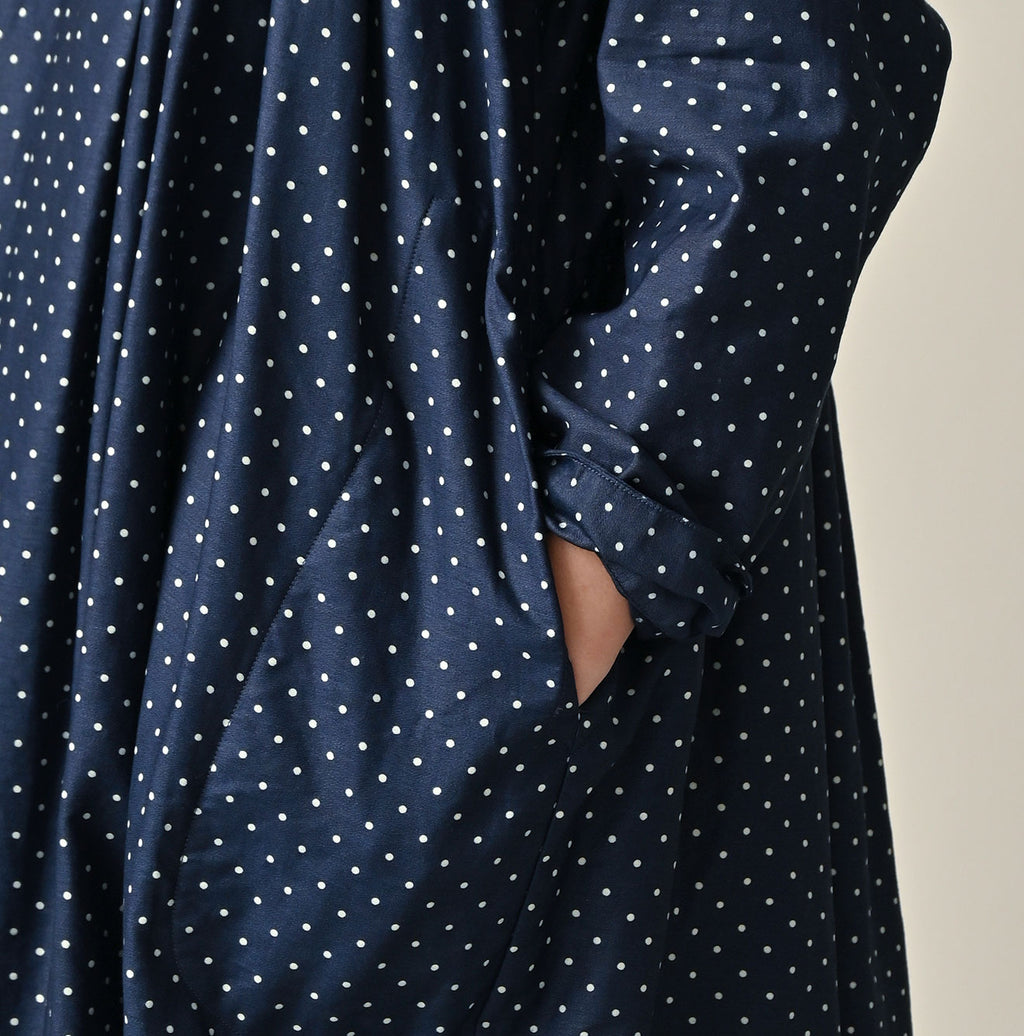 Indigo Dot Print Scrunchie Smock Dress Detail