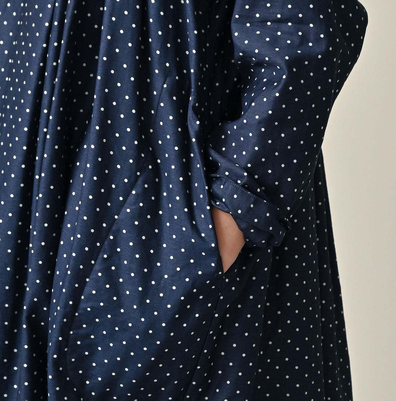 Indigo Dot Print Scrunchie Smock Dress Detail