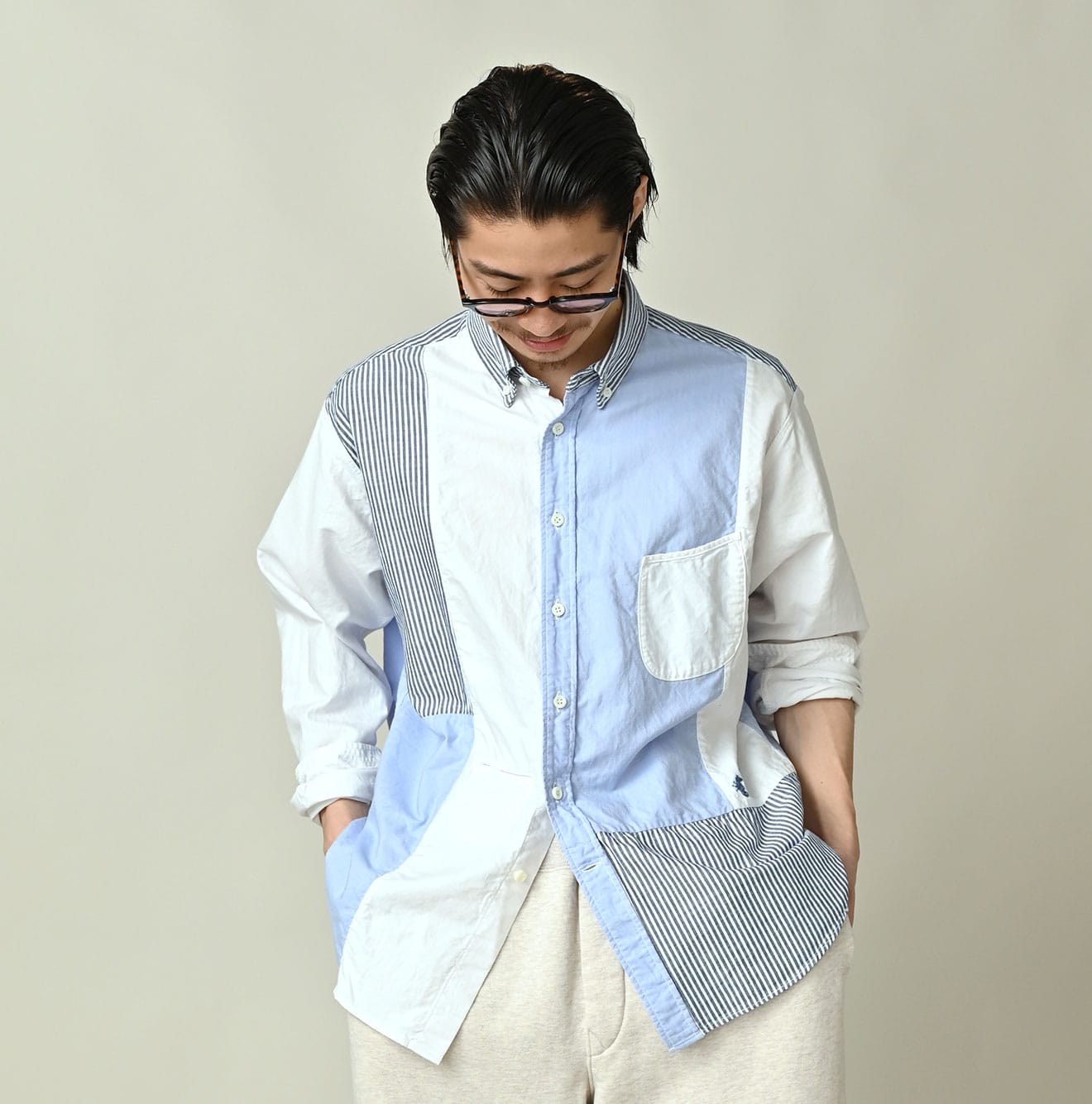 Happy Patch Work Supima OX 908 Ocean Canvas Shirt Male Model