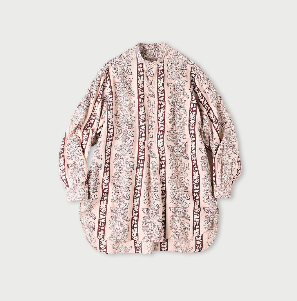 Indian Striped Flower Block Print 908 Stand Collar Grandpa Shirt Pink