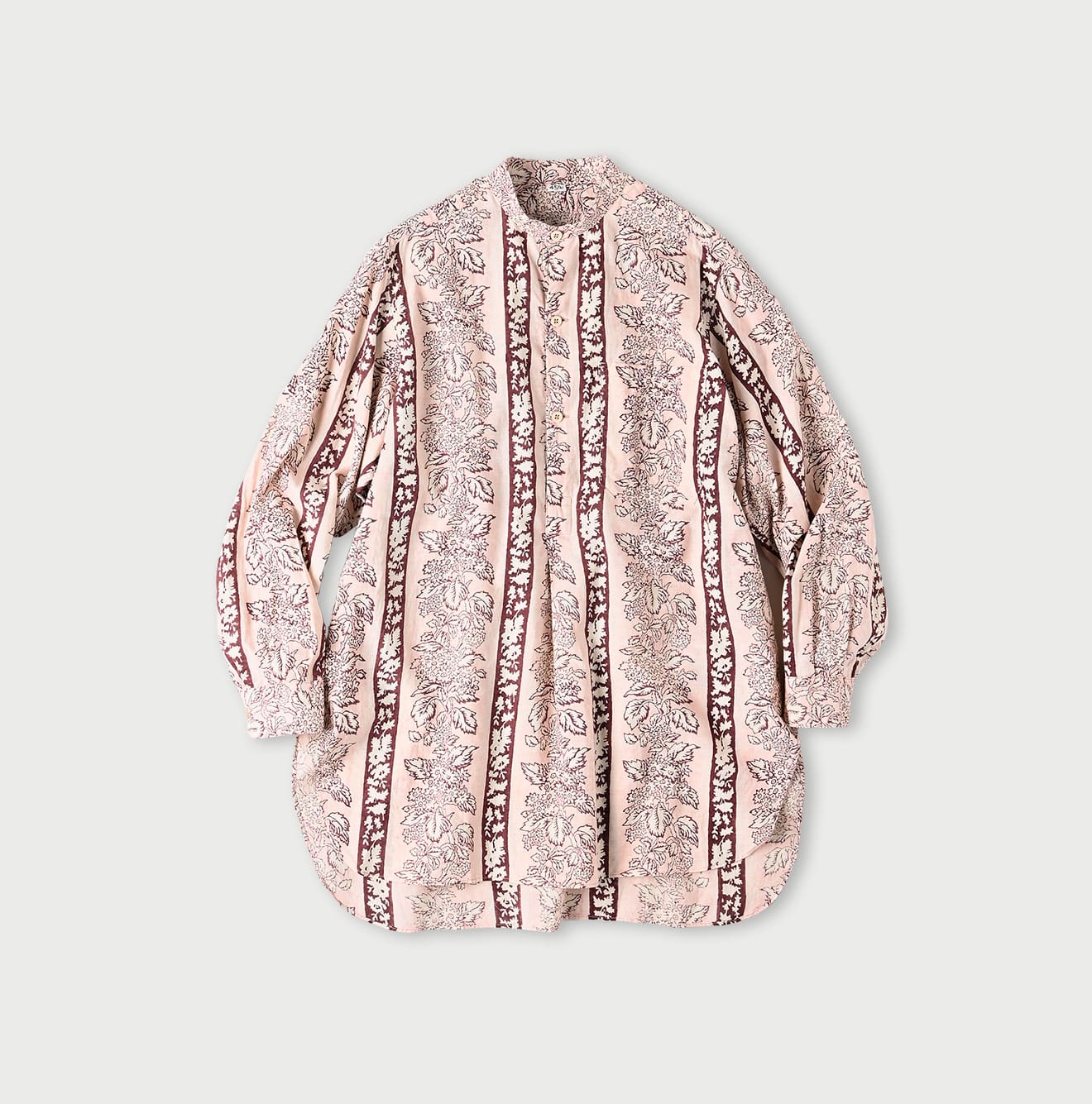 Indian Striped Flower Block Print 908 Stand Collar Grandpa Shirt Pink