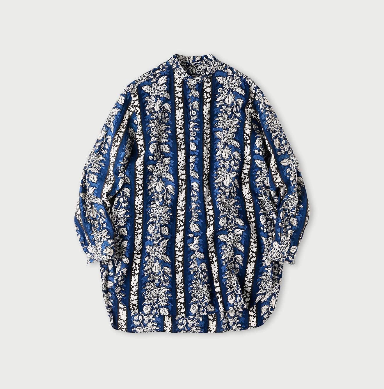 Indian Striped Flower Block Print 908 Stand Collar Grandpa Shirt Navy