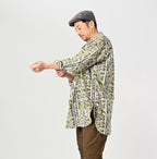 Indian Striped Flower Block Print 908 Stand Collar Grandpa Shirt Male Model