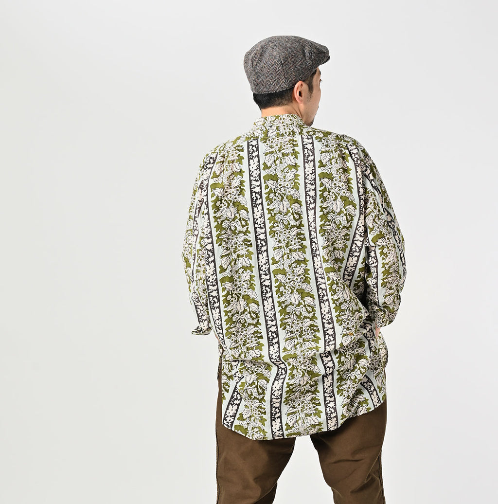 Indian Striped Flower Block Print 908 Stand Collar Grandpa Shirt Male Model