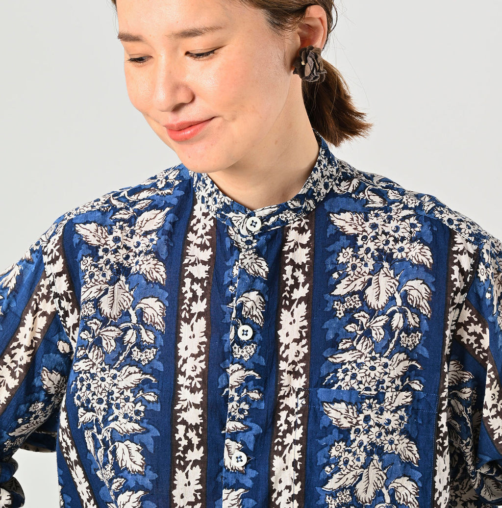 Indian Striped Flower Block Print 908 Stand Collar Grandpa Shirt Detail