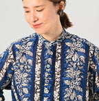 Indian Striped Flower Block Print 908 Stand Collar Grandpa Shirt Detail