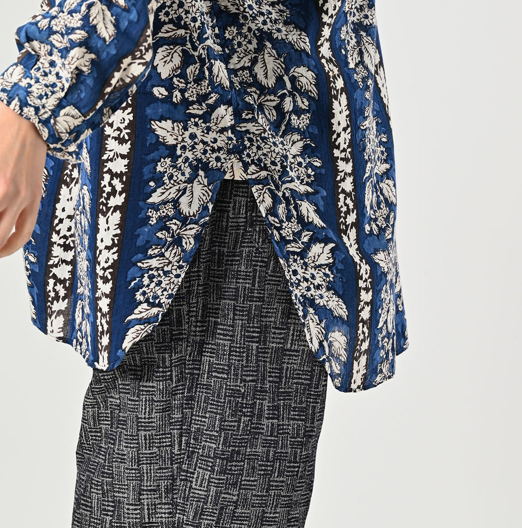 Indian Striped Flower Block Print 908 Stand Collar Grandpa Shirt Detail