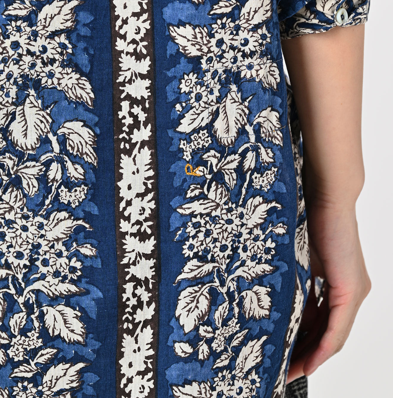 Indian Striped Flower Block Print 908 Stand Collar Grandpa Shirt Detail