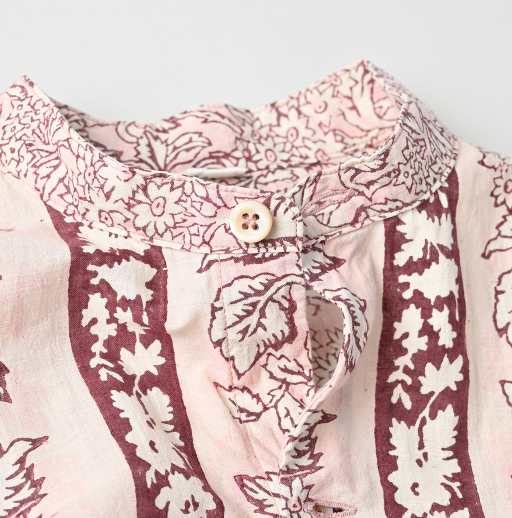 Indian Striped Flower Block Print 908 Stand Collar Grandpa Shirt Detail