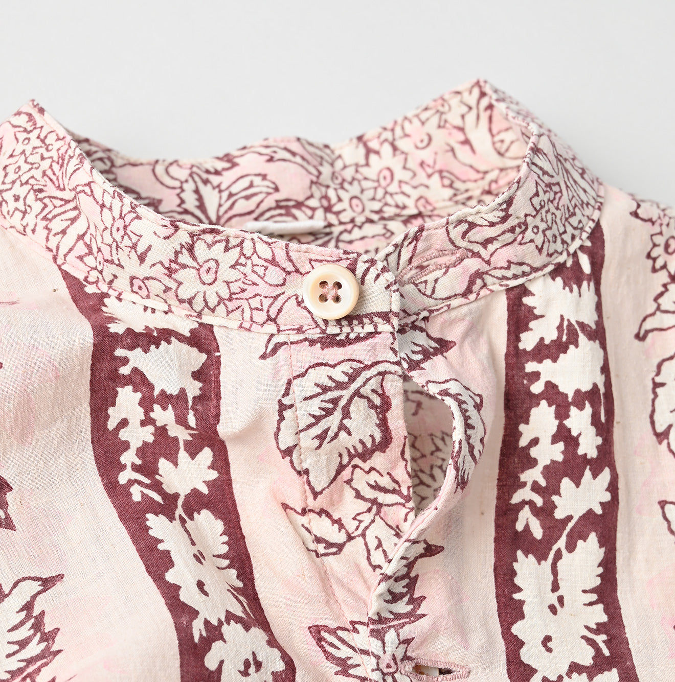 Indian Striped Flower Block Print 908 Stand Collar Grandpa Shirt Detail