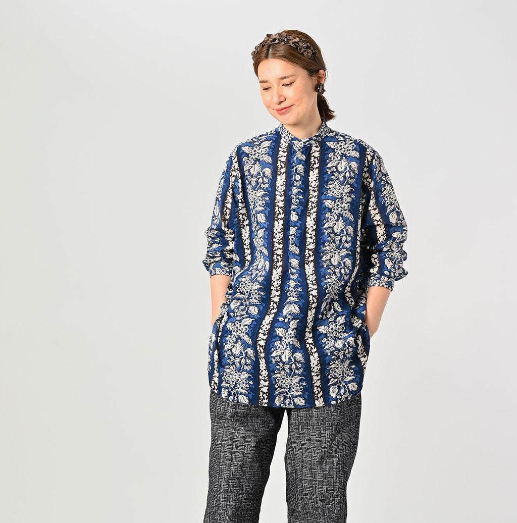 Indian Striped Flower Block Print 908 Stand Collar Grandpa Shirt Female Model