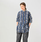 Indian Striped Flower Block Print 908 Stand Collar Grandpa Shirt Female Model