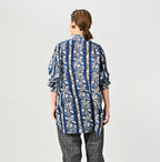 Indian Striped Flower Block Print 908 Stand Collar Grandpa Shirt Female Model
