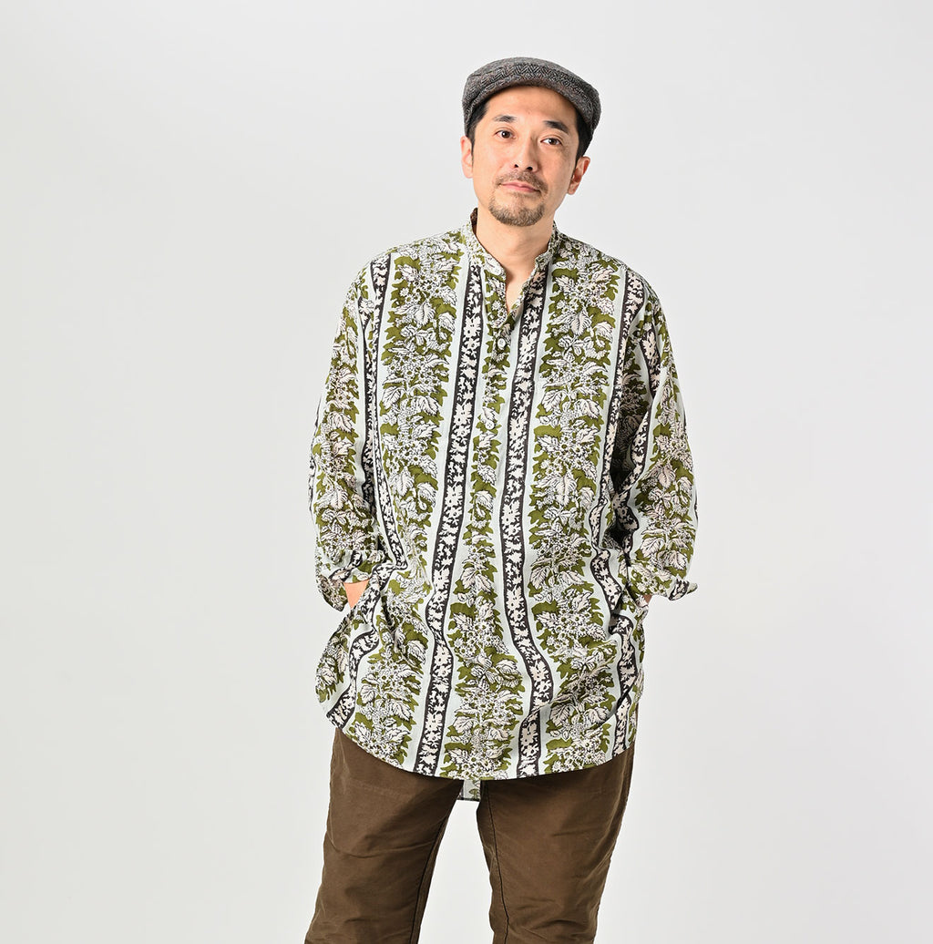 Indian Striped Flower Block Print 908 Stand Collar Grandpa Shirt Male Model