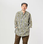 Indian Striped Flower Block Print 908 Stand Collar Grandpa Shirt Male Model