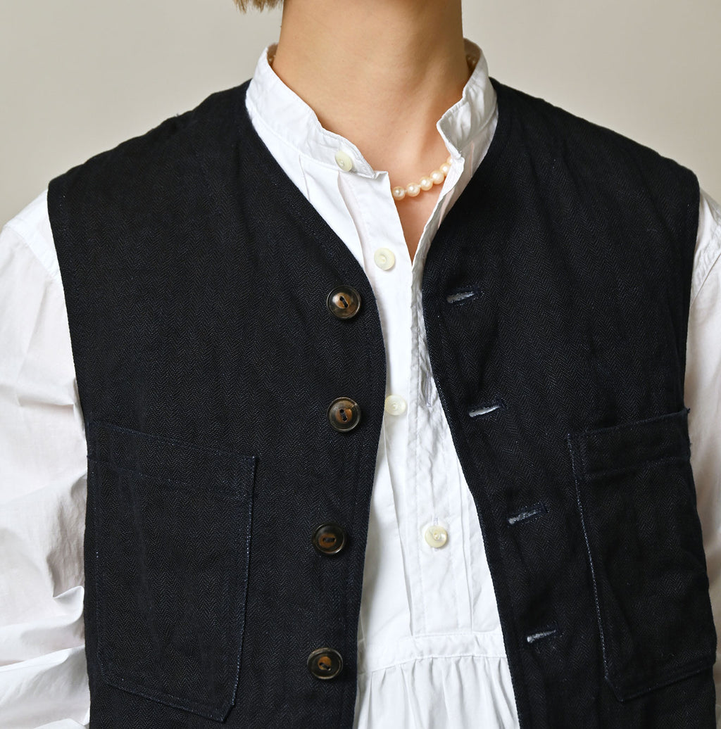 Indigo Linen Herringbone 908 Vest Detail