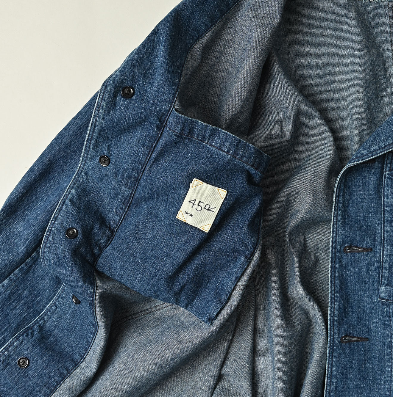 Indigo Mugihiko Denim 908 Work Coat Zyu Detail