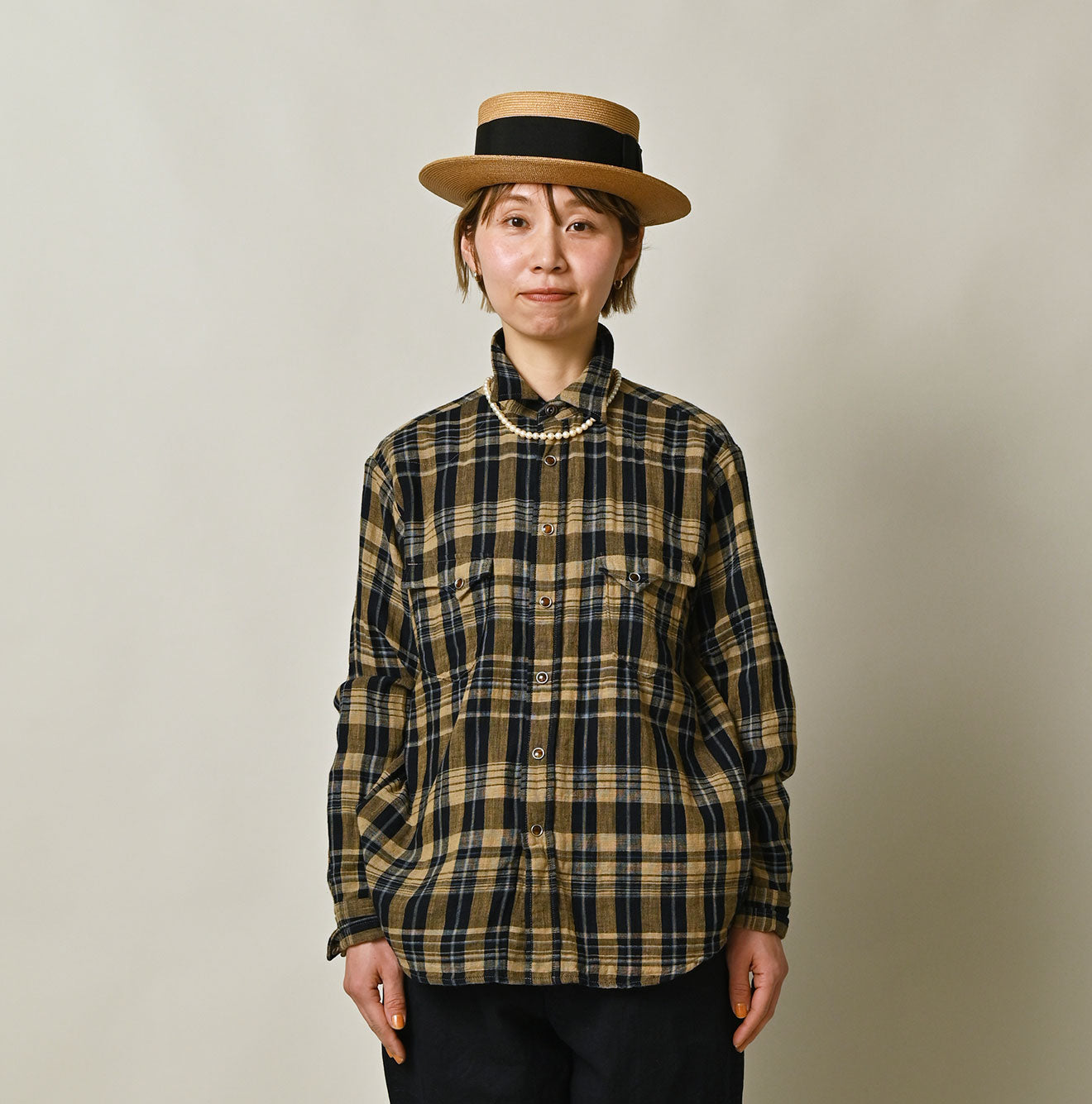 Indigo Double Woven 908 Ocean Eastern Shirt Female Model