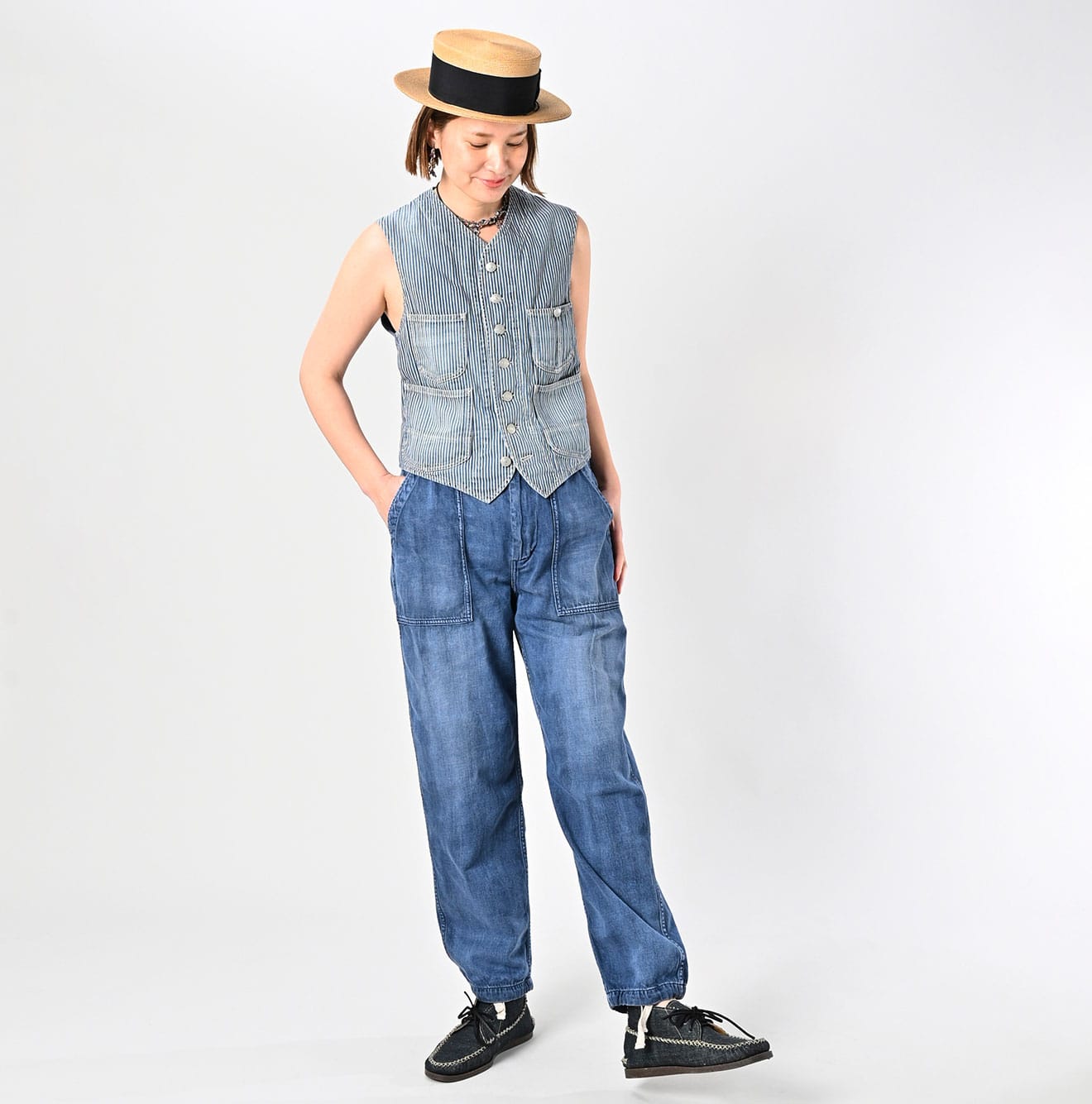 Rye Mugi Denim 908 Work Vest Distressed Female Model