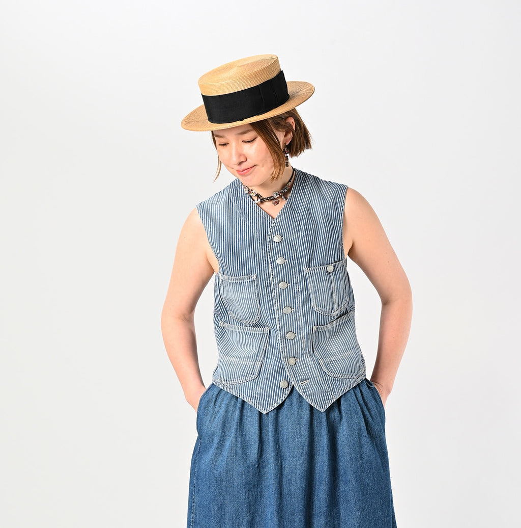 Rye Mugi Denim 908 Work Vest Distressed Female Model