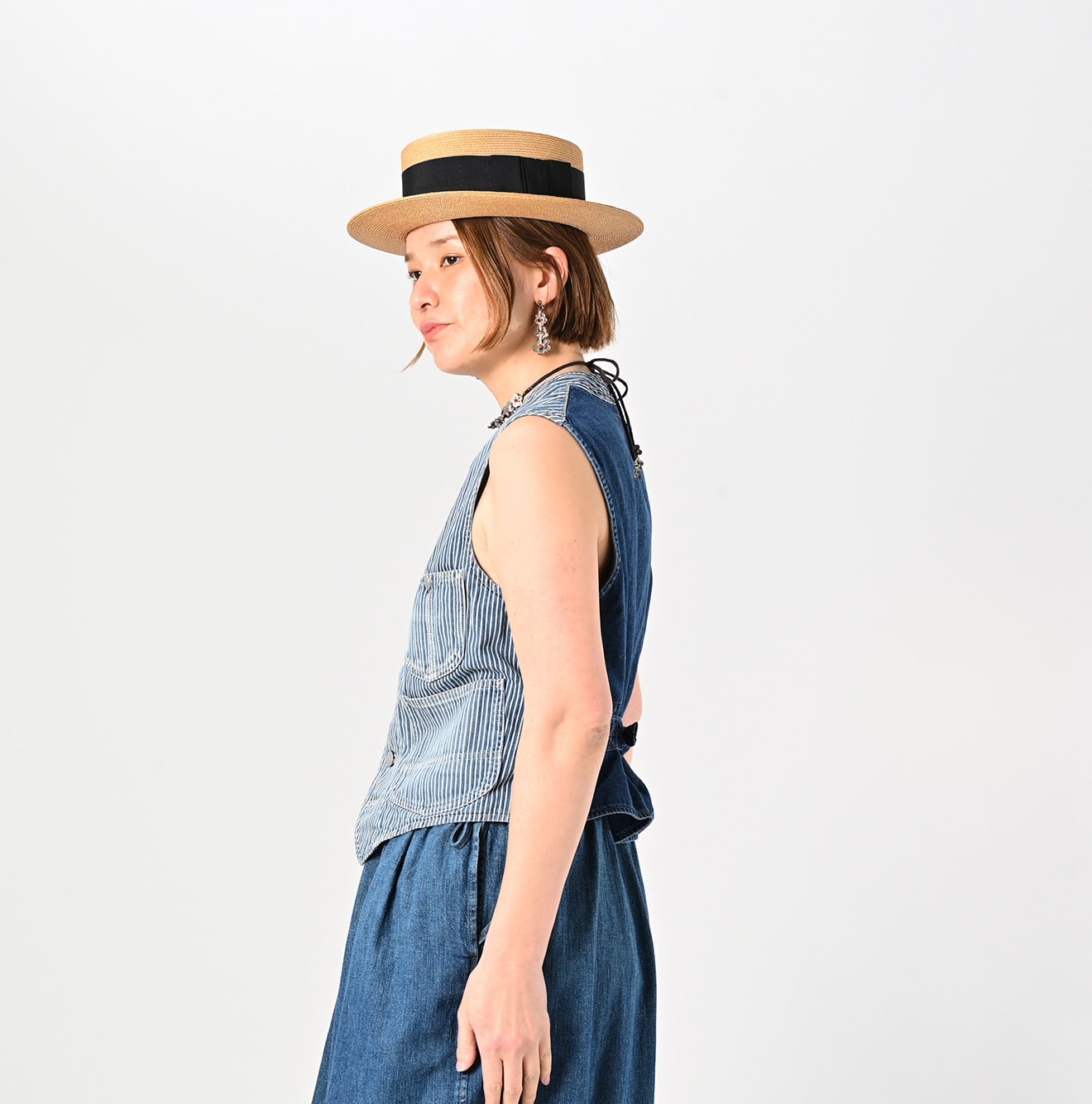 Rye Mugi Denim 908 Work Vest Distressed Female Model