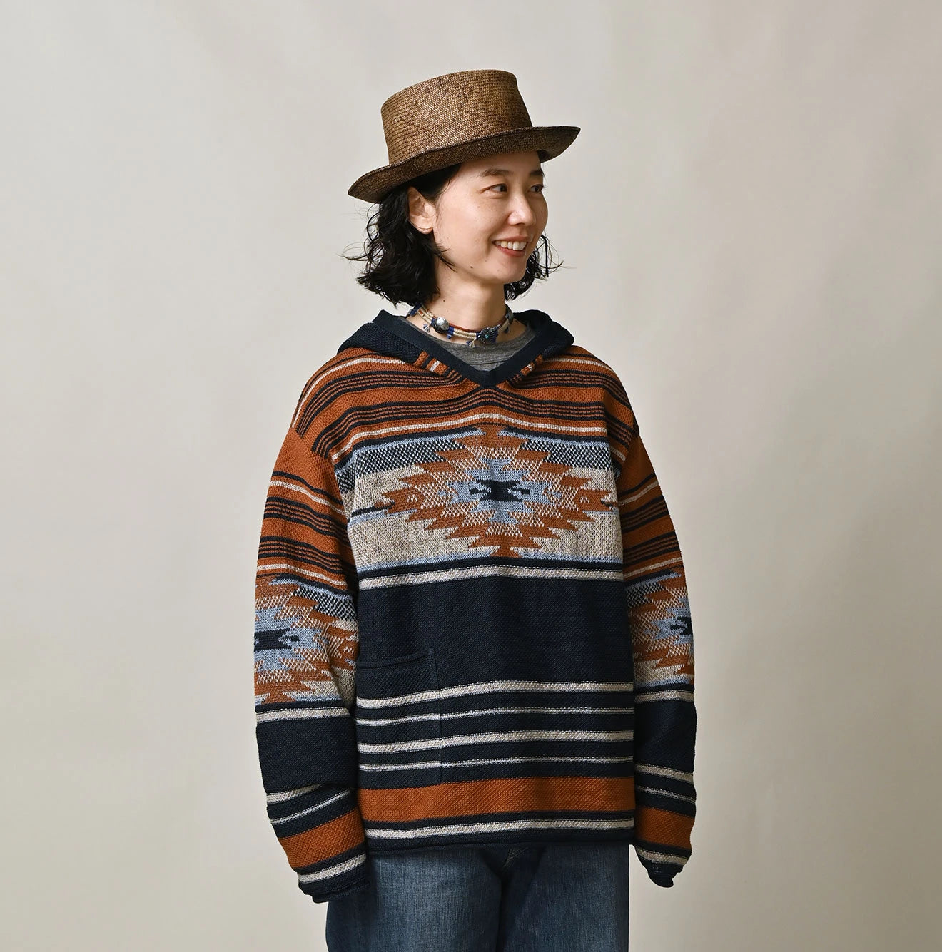 Indigo Native Gima Jacquard 908 Uma Hoodie Female Model