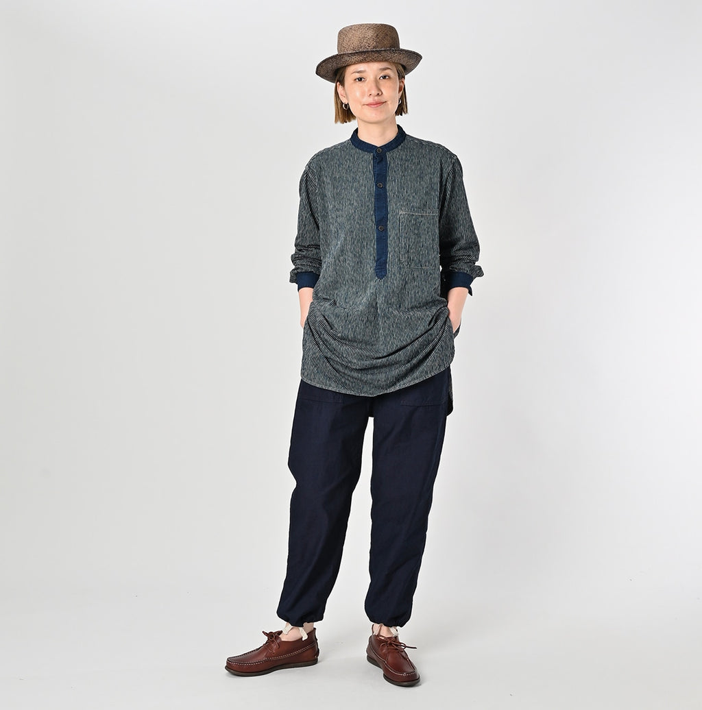 Indigo Hickory Tenjiku Grandpa Pull Shirt Female Model