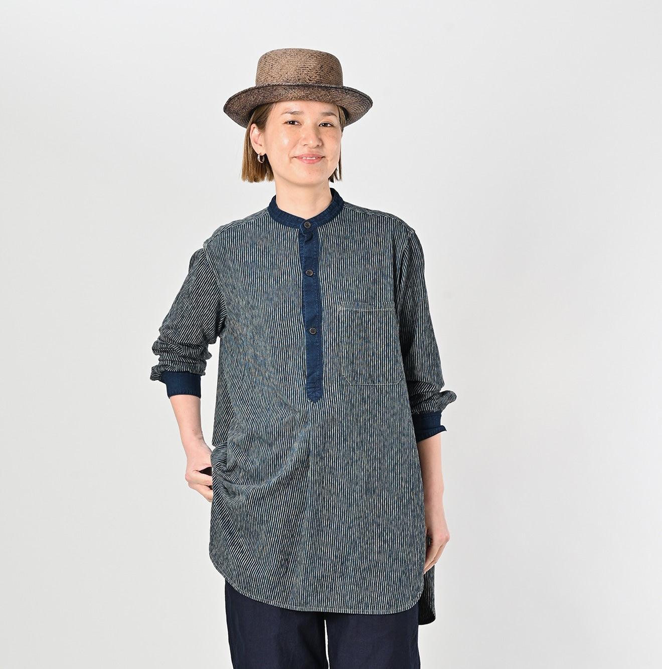 Indigo Hickory Tenjiku Grandpa Pull Shirt Female Model