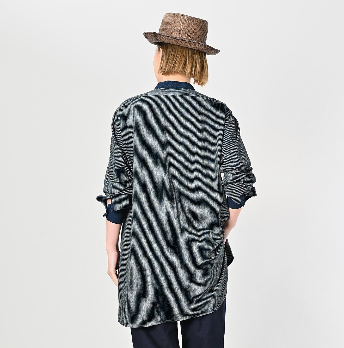 Indigo Hickory Tenjiku Grandpa Pull Shirt Female Model