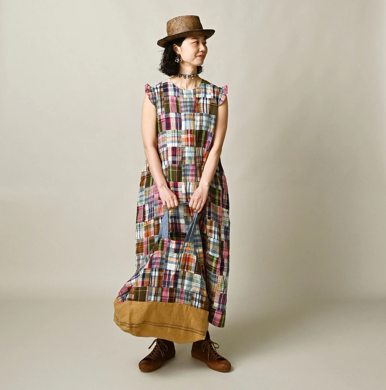 Indian Linen Patchwork Tote Bag Female Model