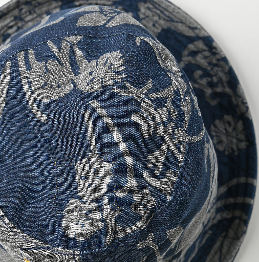 Indigo Linen Lotus Print Hat Detail