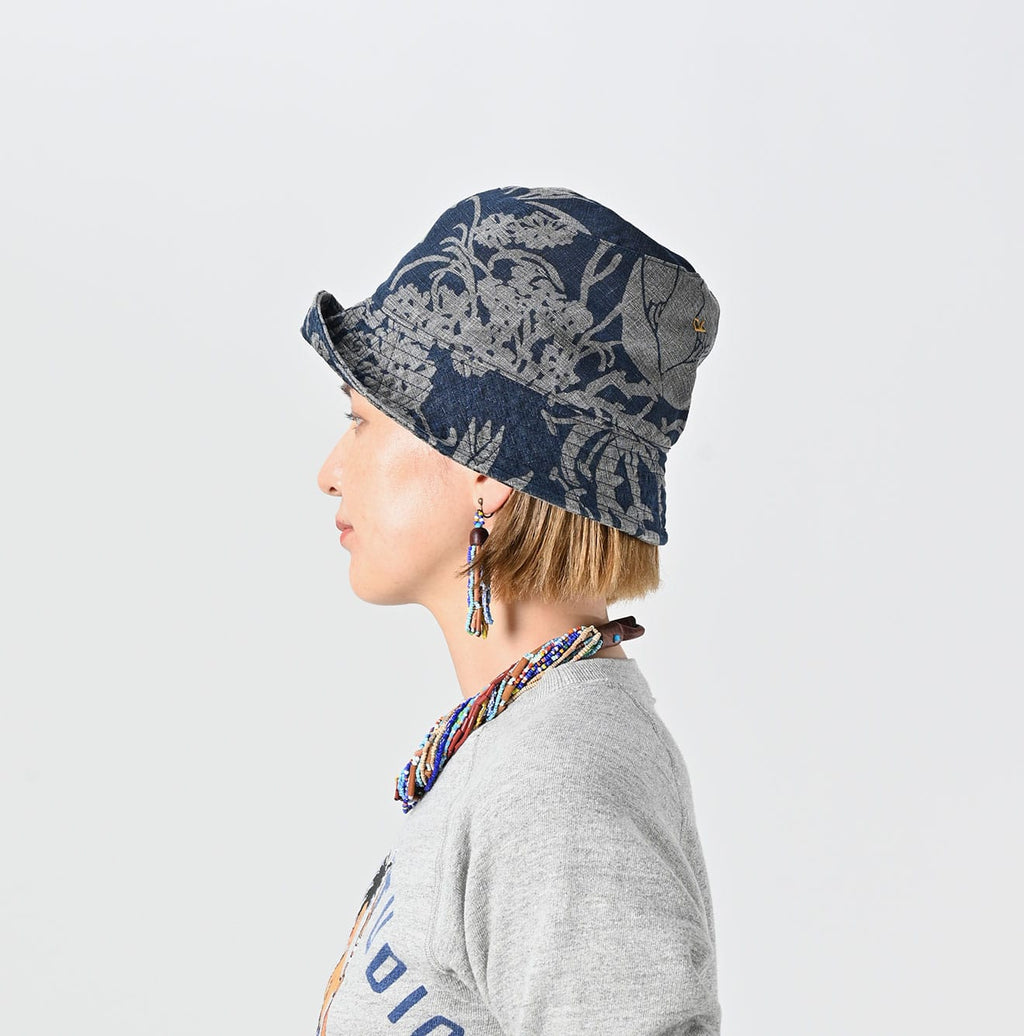 Indigo Linen Lotus Print Hat Female Model