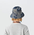Indigo Linen Lotus Print Hat Female Model