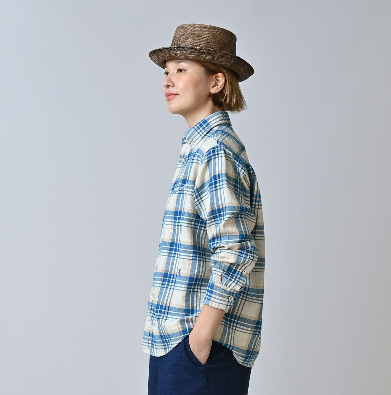 Indian Double Woven 908 Ocean Button Down Shirt Female Model